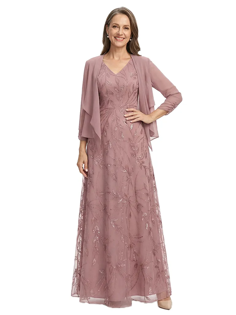 ChicSew V-Neck Lace Long Sleeve A-Line Chiffon Mother of the Bride Dresses And Jacket sold by ChicSew