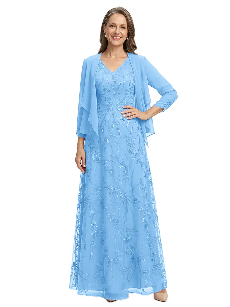 ChicSew V-Neck Lace Long Sleeve A-Line Chiffon Mother of the Bride Dresses And Jacket sold by ChicSew product image thumbnail 5
