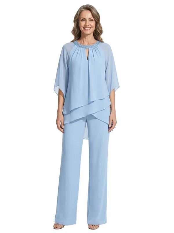 ChicSew Round Neck Chiffon Mother of The Bride Two Piece Jumpsuit with Beaded Neckline made by ChicSew