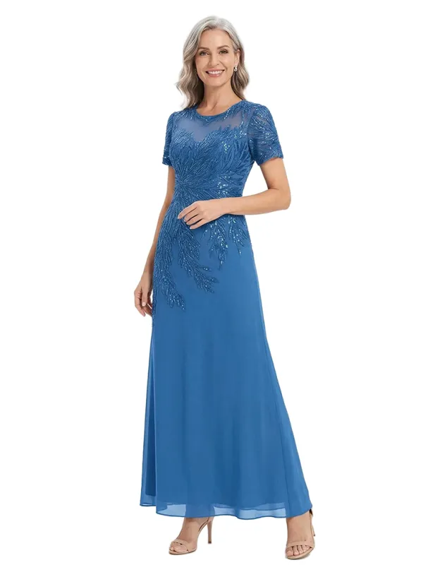 ChicSew Short Sleeves Lace Applique Mother Of The Groom Gown Jewel Chiffon Evening Dress sold by ChicSew