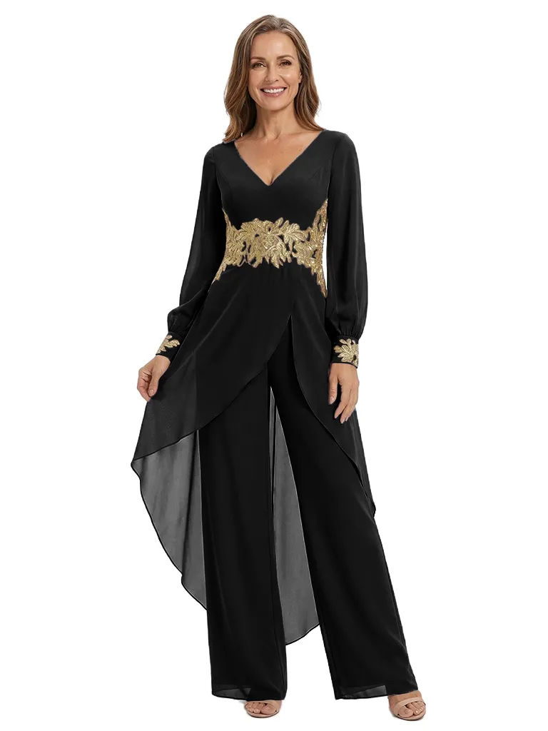 ChicSew Long Sleeves Jumpsuit For Mother Of The Bride V-Neck Lace Chiffon PantSuit sold by ChicSew product image thumbnail 4