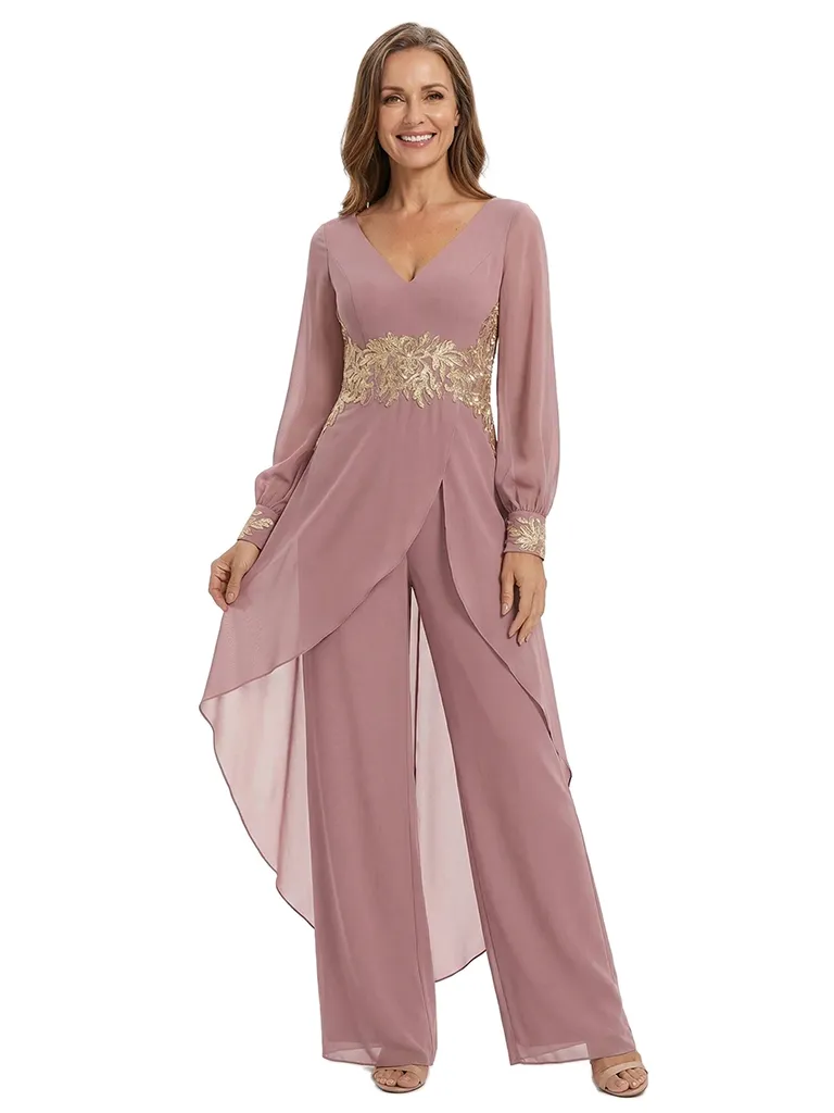 ChicSew Long Sleeves Jumpsuit For Mother Of The Bride V-Neck Lace Chiffon PantSuit sold by ChicSew