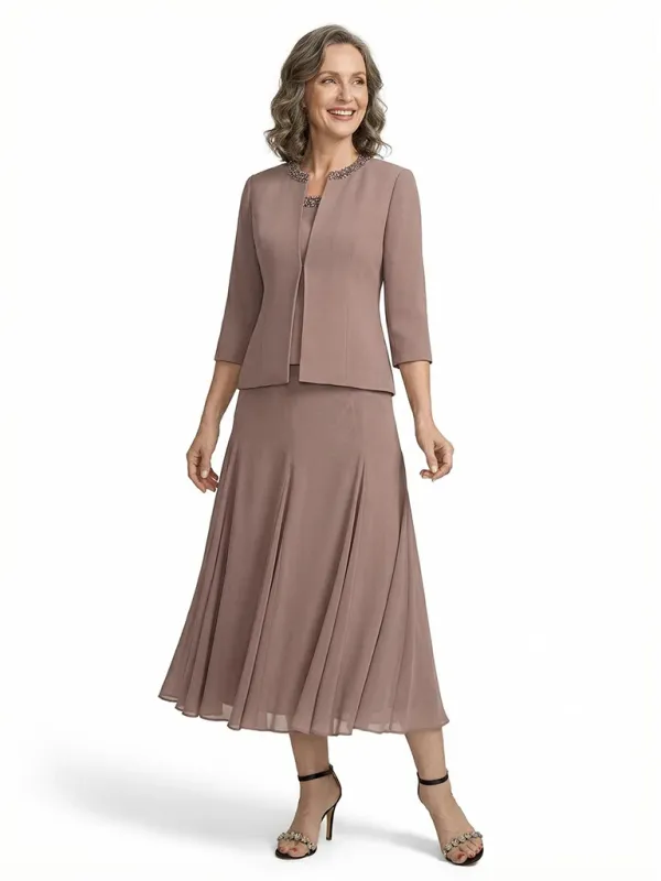 ChicSew Chiffon A-Line Short Mother Of The Groom Dress With Jacket Beaded Neckline made by ChicSew