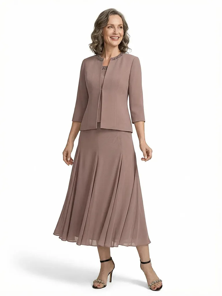 ChicSew Chiffon A-Line Short Mother Of The Groom Dress With Jacket Beaded Neckline sold by ChicSew