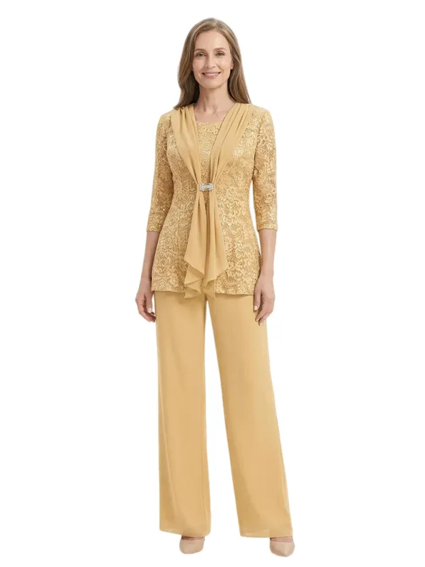 ChicSew Round Neck Sequin Lace Chiffon Mother of The Bride Two Piece Jumpsuit made by ChicSew