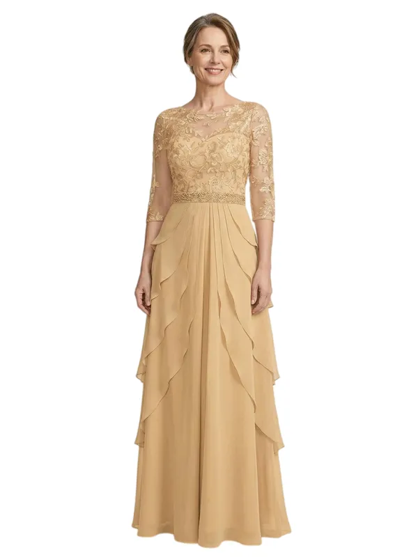ChicSew Illusion 3/4 Sleeve Lace Beaded Waist Layered Ruffle Long Chiffon Mother of the Bride Dresses made by ChicSew