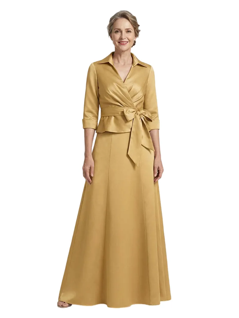 ChicSew V-Neck 3/4 Sleeve Satin Belted Bow Detail Floor Length Satin Modern Mother Of The Bride And Groom Dresses sold by ChicSew