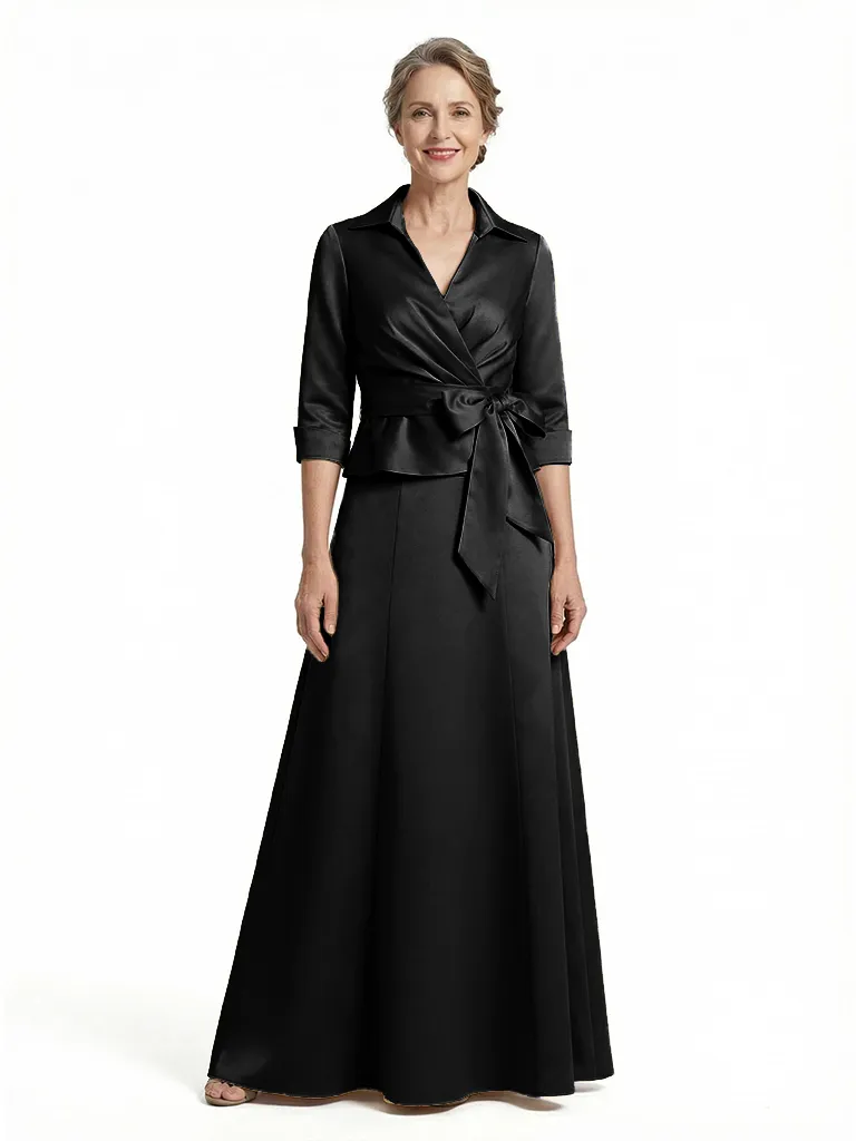 ChicSew V-Neck 3/4 Sleeve Satin Belted Bow Detail Floor Length Satin Modern Mother Of The Bride And Groom Dresses sold by ChicSew product image thumbnail 4