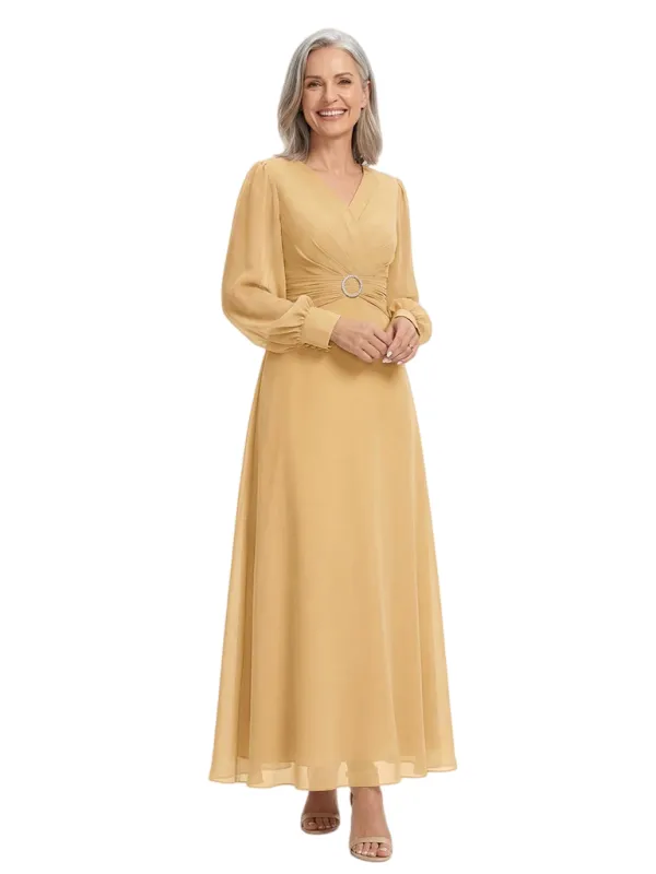 ChicSew Modern V-Neck A-Line Long Sleeves Ankle-Length Chiffon Mother Of The Bride Gowns made by ChicSew