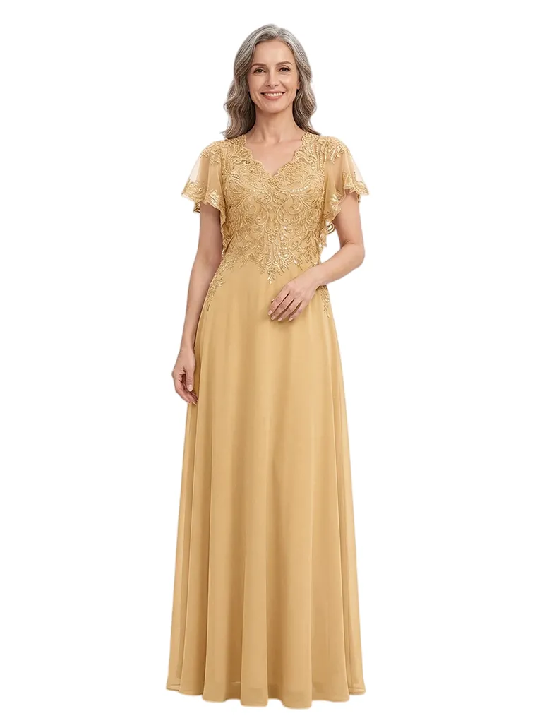 ChicSew V-Neck Flutter Sleeve Beaded Lace Applique Floor Length Chiffon Fancy Mother of the Bride Dresses sold by ChicSew
