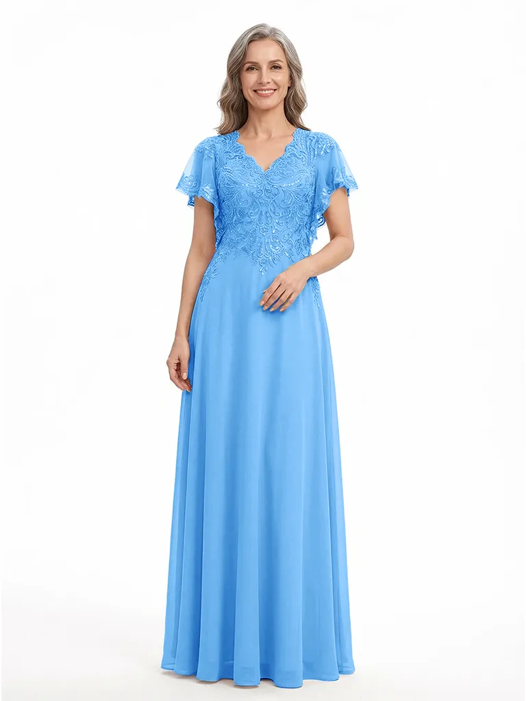ChicSew V-Neck Flutter Sleeve Beaded Lace Applique Floor Length Chiffon Fancy Mother of the Bride Dresses sold by ChicSew product image thumbnail 5