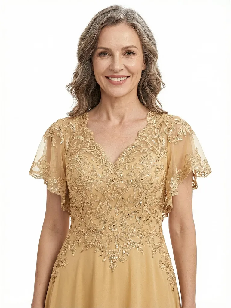 ChicSew V-Neck Flutter Sleeve Beaded Lace Applique Floor Length Chiffon Fancy Mother of the Bride Dresses sold by ChicSew product image thumbnail 2