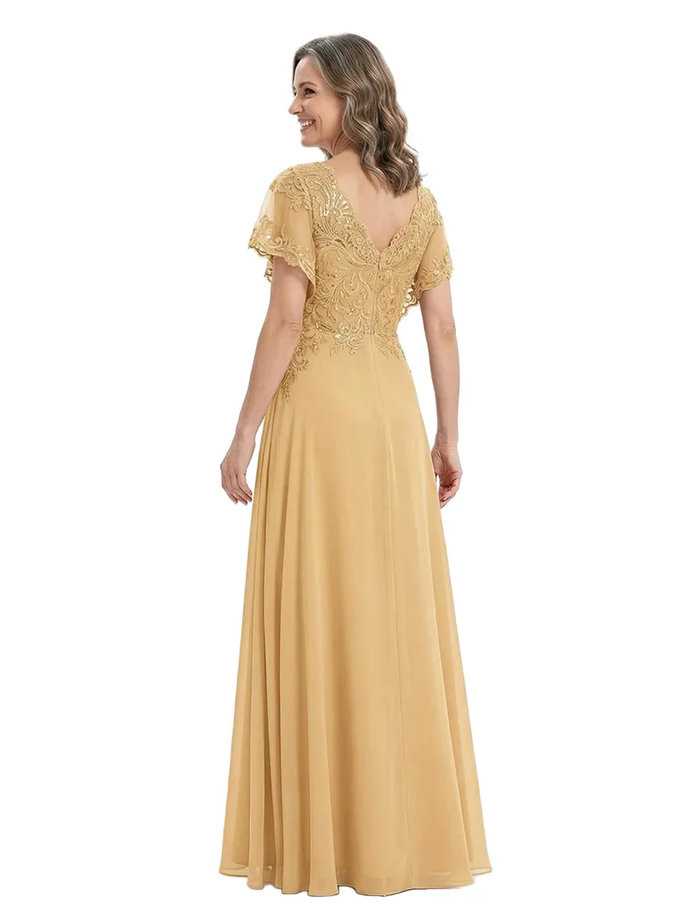 ChicSew V-Neck Flutter Sleeve Beaded Lace Applique Floor Length Chiffon Fancy Mother of the Bride Dresses sold by ChicSew product image thumbnail 3