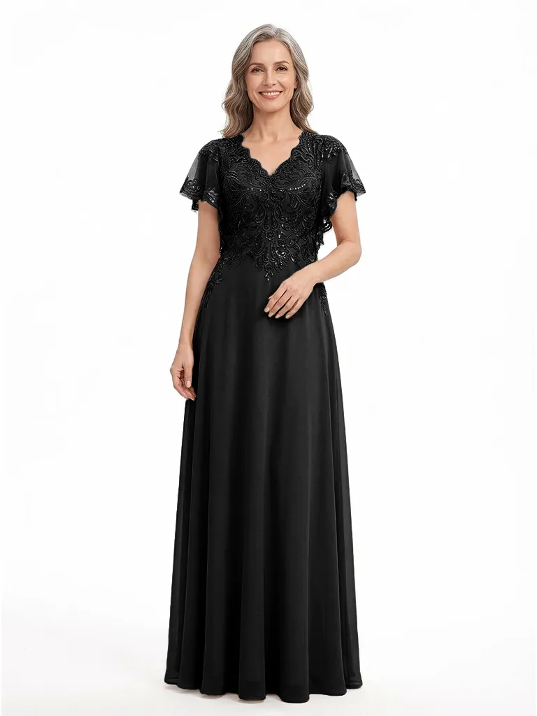 ChicSew V-Neck Flutter Sleeve Beaded Lace Applique Floor Length Chiffon Fancy Mother of the Bride Dresses sold by ChicSew product image thumbnail 4
