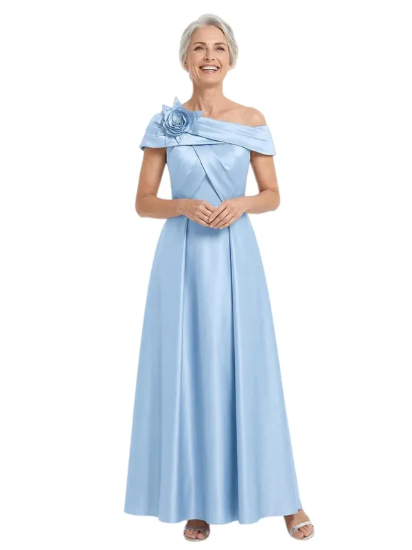ChicSew Off Shoulder Satin Ruched Long Elegant Mother of the Bride Dresses With Flower made by ChicSew