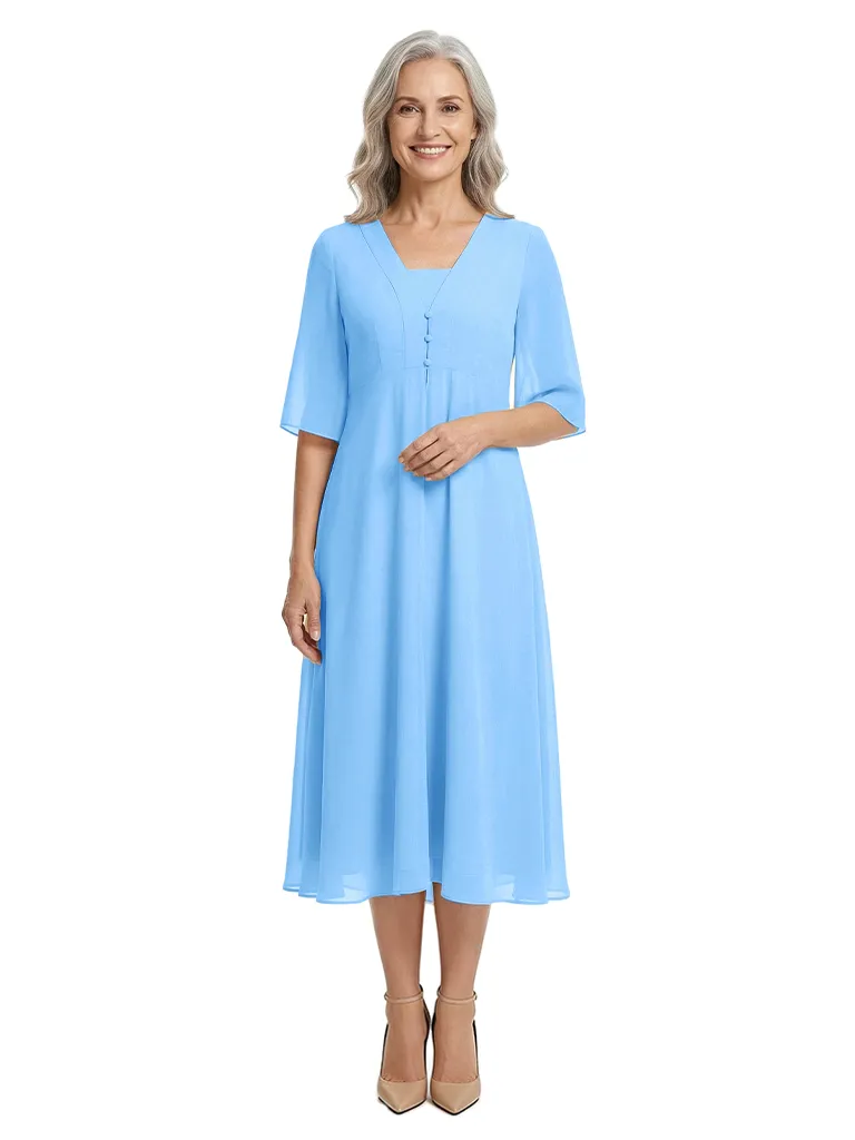 ChicSew V-Neck Chiffon Mother of The Bride Dress A-Line Tea-Length Gown Button Detail sold by ChicSew product image thumbnail 5