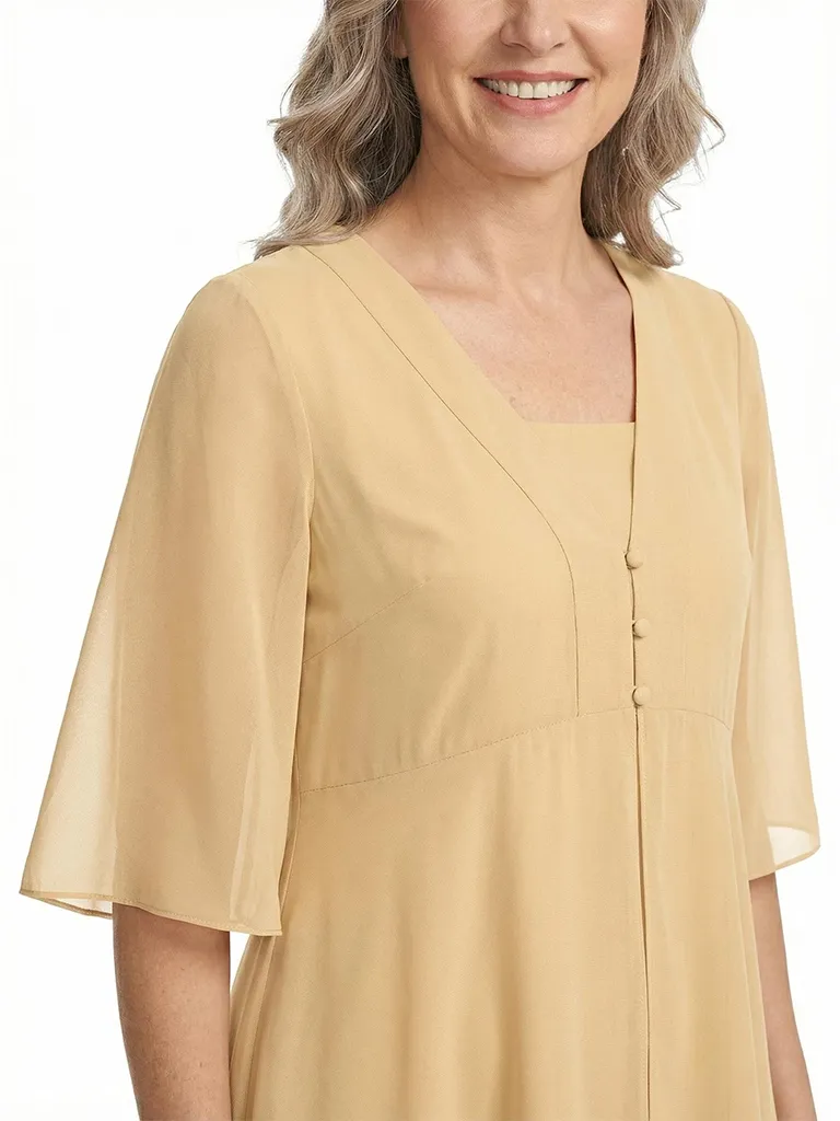 ChicSew V-Neck Chiffon Mother of The Bride Dress A-Line Tea-Length Gown Button Detail sold by ChicSew product image thumbnail 2