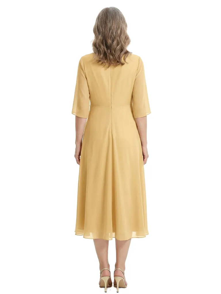 ChicSew V-Neck Chiffon Mother of The Bride Dress A-Line Tea-Length Gown Button Detail sold by ChicSew product image thumbnail 3