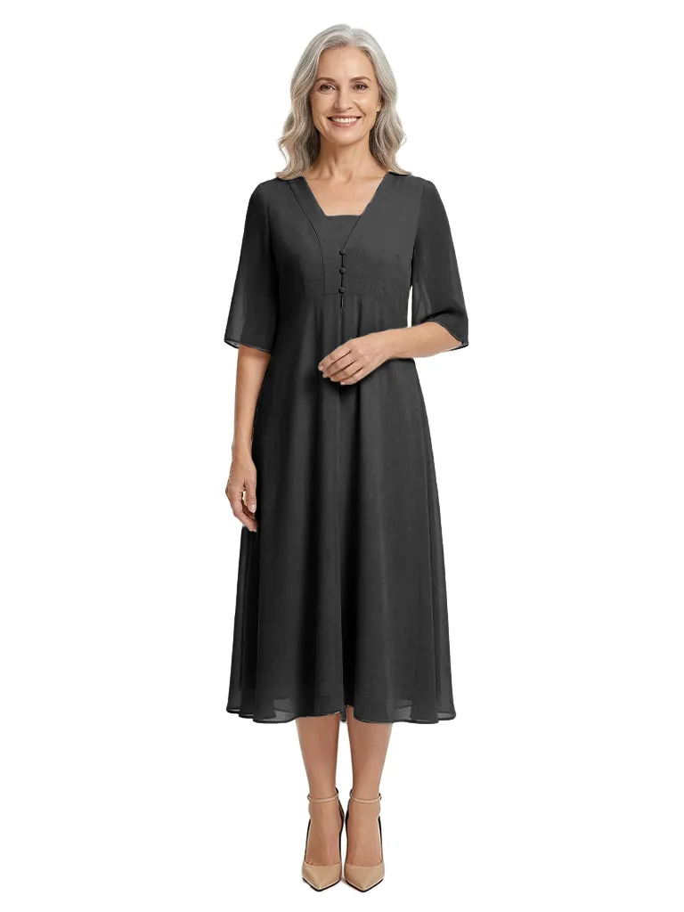 ChicSew V-Neck Chiffon Mother of The Bride Dress A-Line Tea-Length Gown Button Detail sold by ChicSew product image thumbnail 4