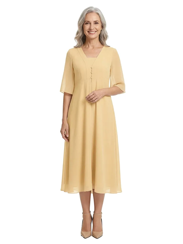 ChicSew V-Neck Chiffon Mother of The Bride Dress A-Line Tea-Length Gown Button Detail sold by ChicSew