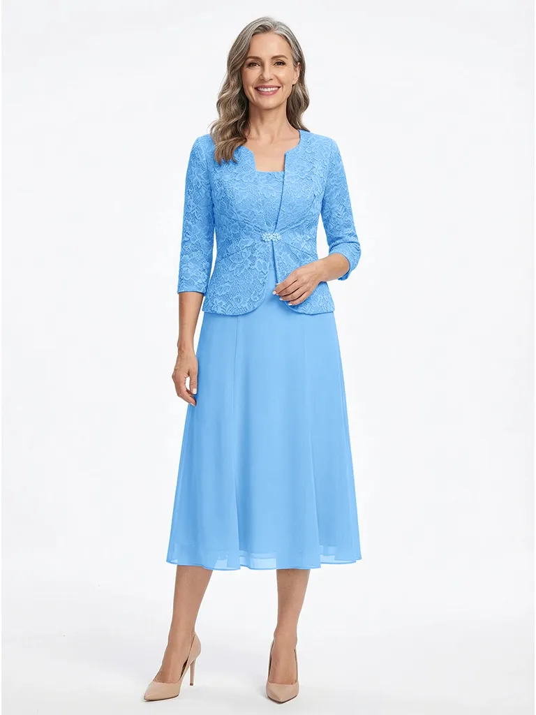 ChicSew Square Neck Lace & Chiffon Mother of The Bride Two Piece Tea-Length Dress with 3/4 Sleeves Jacket sold by ChicSew product image thumbnail 5