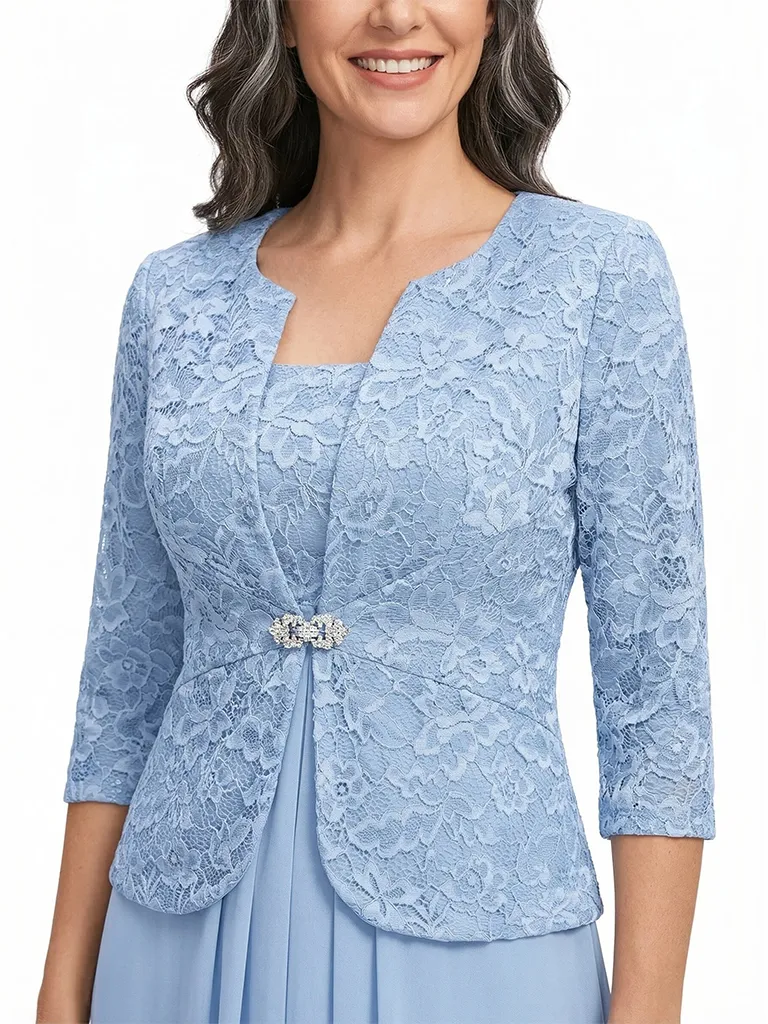 ChicSew Square Neck Lace & Chiffon Mother of The Bride Two Piece Tea-Length Dress with 3/4 Sleeves Jacket sold by ChicSew product image thumbnail 2
