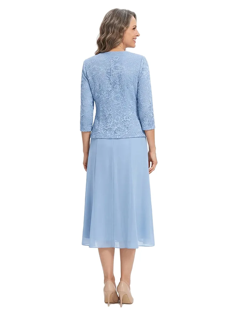 ChicSew Square Neck Lace & Chiffon Mother of The Bride Two Piece Tea-Length Dress with 3/4 Sleeves Jacket sold by ChicSew product image thumbnail 3