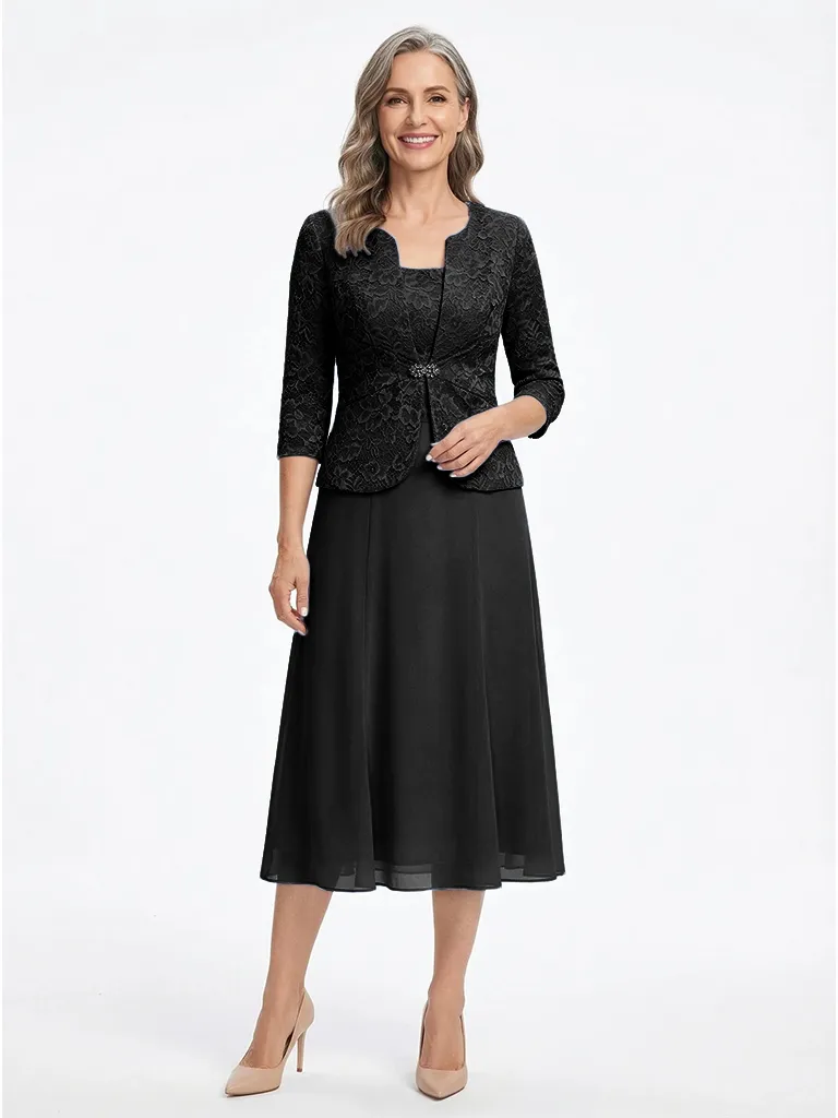 ChicSew Square Neck Lace & Chiffon Mother of The Bride Two Piece Tea-Length Dress with 3/4 Sleeves Jacket sold by ChicSew product image thumbnail 4