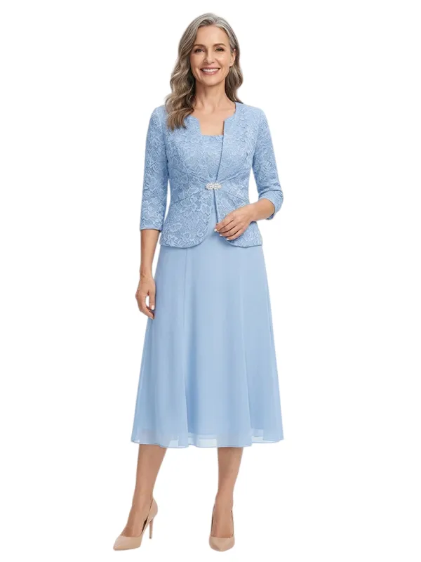 ChicSew Square Neck Lace & Chiffon Mother of The Bride Two Piece Tea-Length Dress with 3/4 Sleeves Jacket made by ChicSew