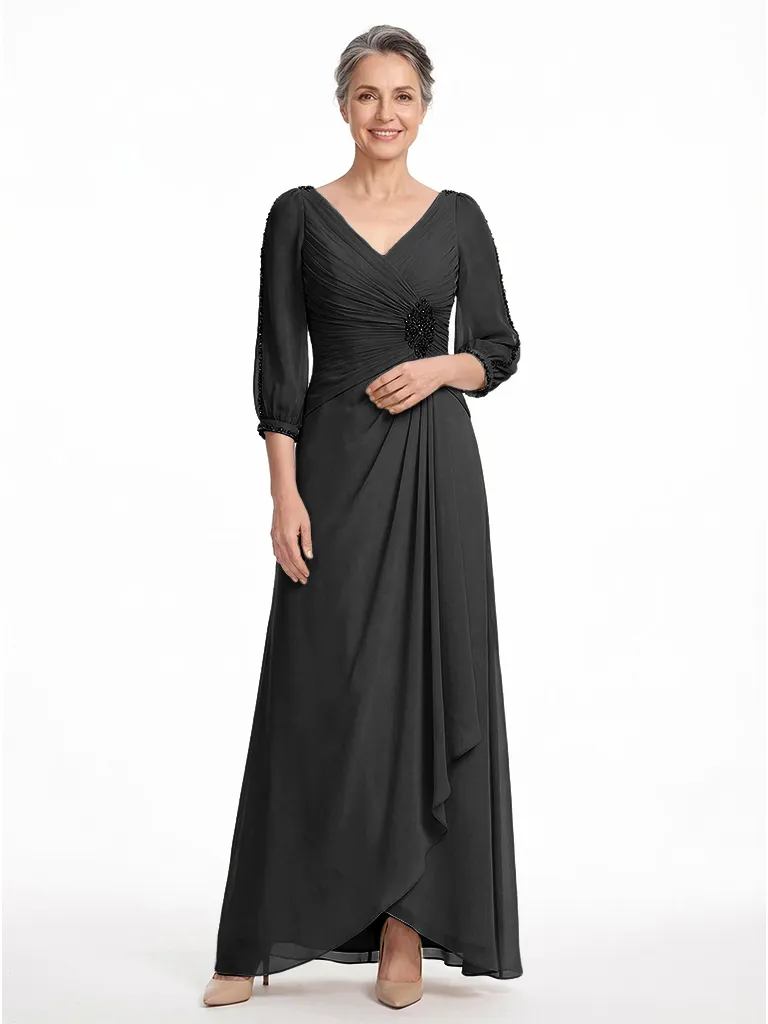 ChicSew V-Neck Long Sleeve Beaded Waist High Llow Long Chiffon Mother Of The Bride And Groom Dresses sold by ChicSew product image thumbnail 4