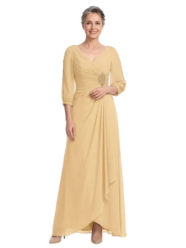 ChicSew V-Neck Long Sleeve Beaded Waist High Llow Long Chiffon Mother Of The Bride And Groom Dresses made by ChicSew