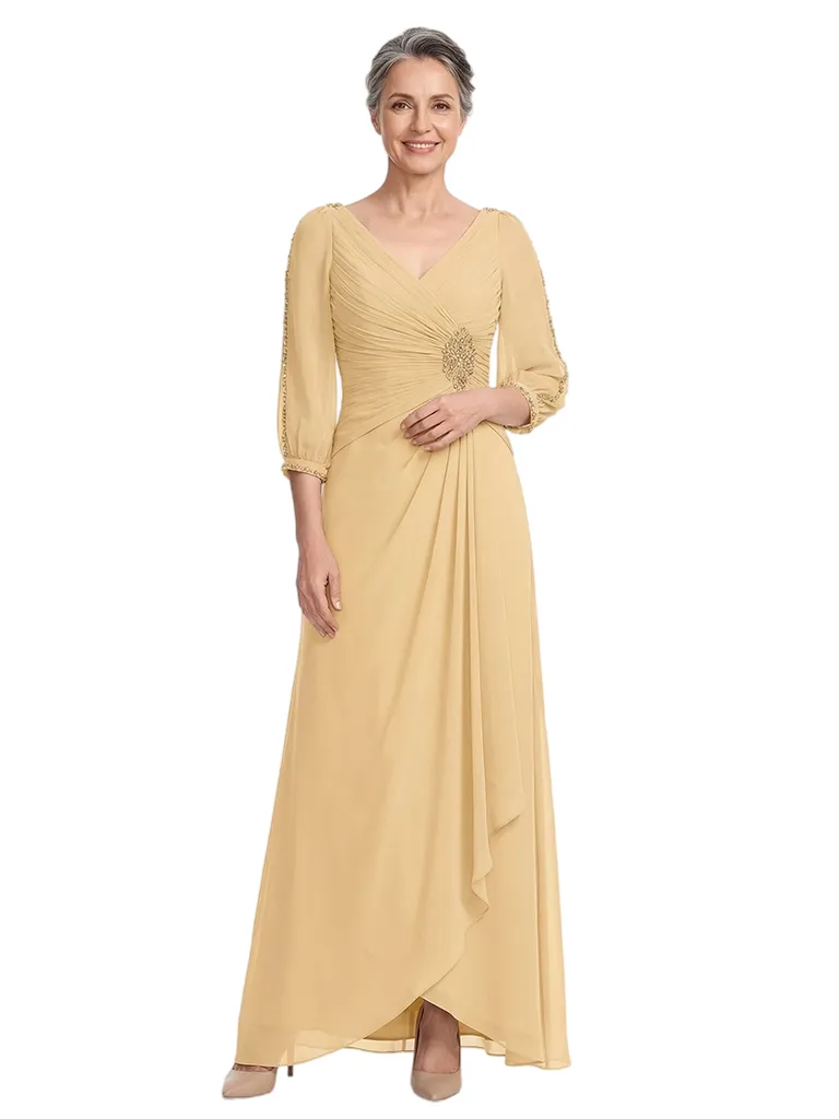 ChicSew V-Neck Long Sleeve Beaded Waist High Llow Long Chiffon Mother Of The Bride And Groom Dresses sold by ChicSew