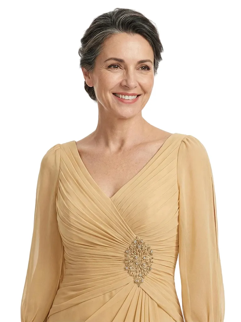 ChicSew V-Neck Long Sleeve Beaded Waist High Llow Long Chiffon Mother Of The Bride And Groom Dresses sold by ChicSew product image thumbnail 2