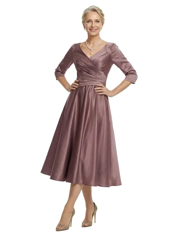 ChicSew V-Neck 3/4 Sleeve Satin Ruched Tea Length Elegant Mother of the Bride Dresses made by ChicSew