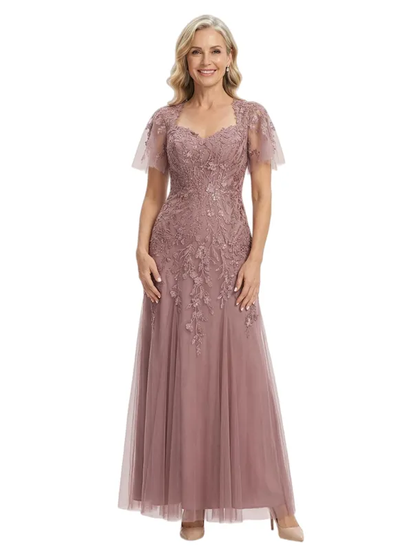 ChicSew Elegant V-Neck Short Sleeves A-Line Mother Of The Bride Gown Lace Tulle Overlay made by ChicSew