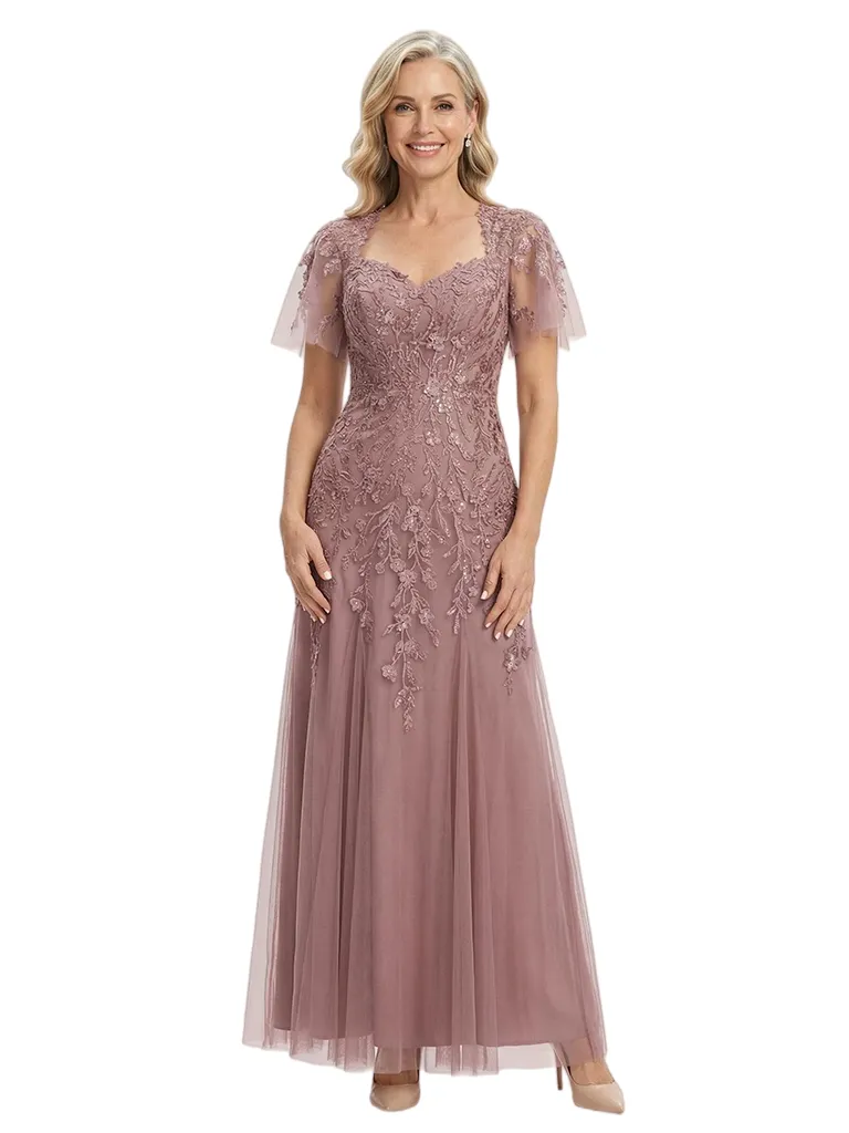 ChicSew Elegant V-Neck Short Sleeves A-Line Mother Of The Bride Gown Lace Tulle Overlay sold by ChicSew