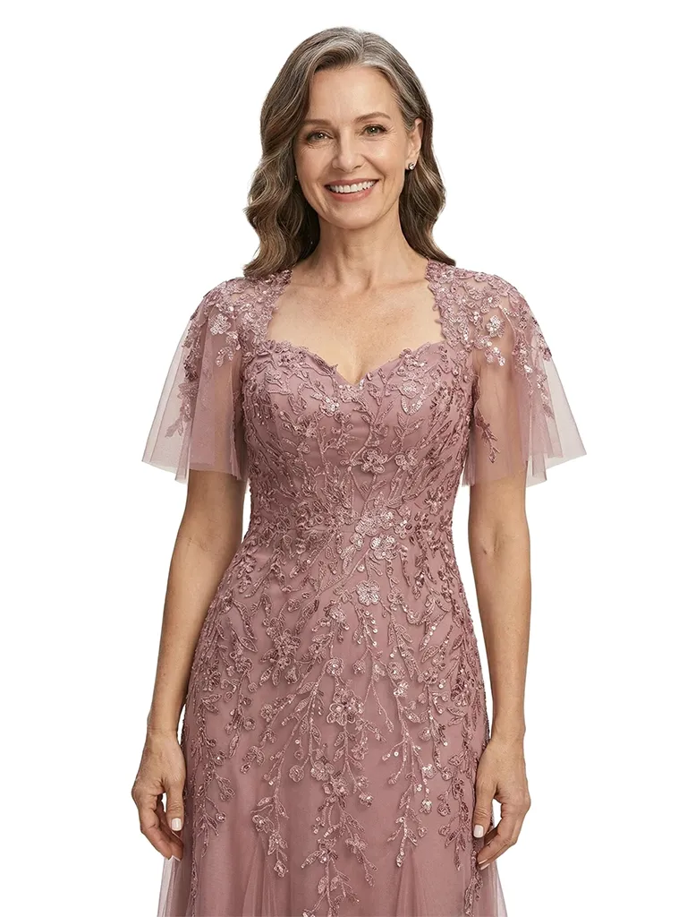 ChicSew Elegant V-Neck Short Sleeves A-Line Mother Of The Bride Gown Lace Tulle Overlay sold by ChicSew product image thumbnail 2