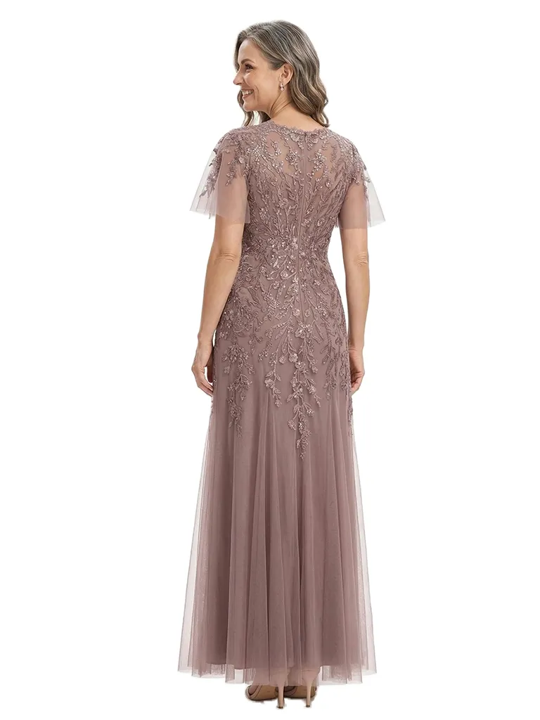 ChicSew Elegant V-Neck Short Sleeves A-Line Mother Of The Bride Gown Lace Tulle Overlay sold by ChicSew product image thumbnail 3