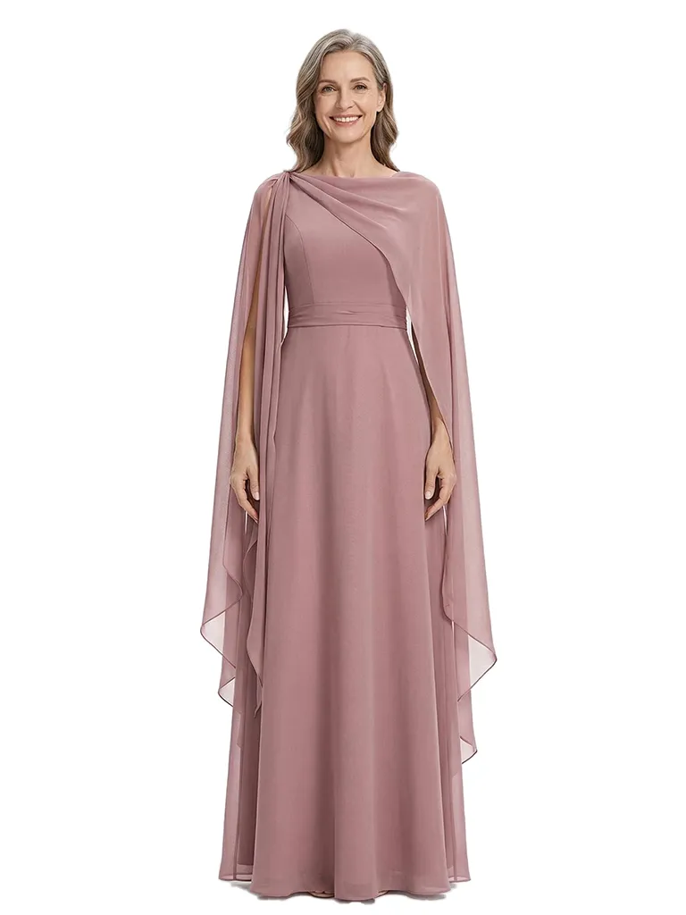 ChicSew Elegant Cape Sleeve Chiffon Mother of The Bride Dress A-Line Maxi Gown Formal Wedding Attire sold by ChicSew