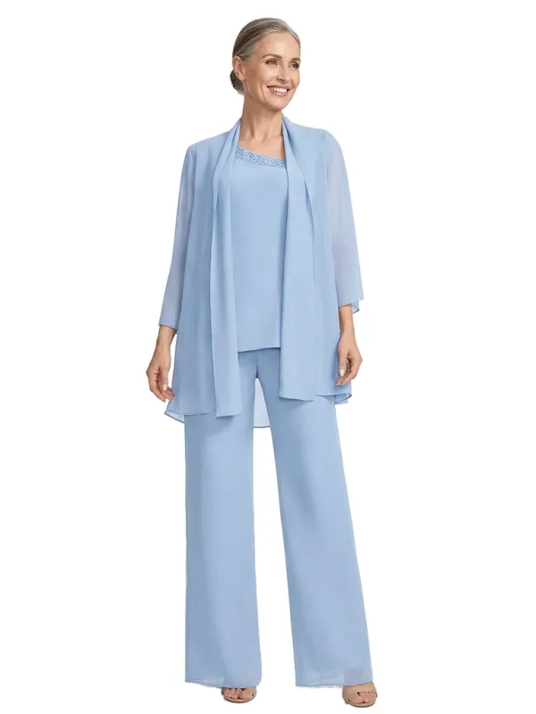 ChicSew Unique Three Piece Chiffon Mother Of The Bride Pant Suits With Asymmetrical Neckline made by ChicSew