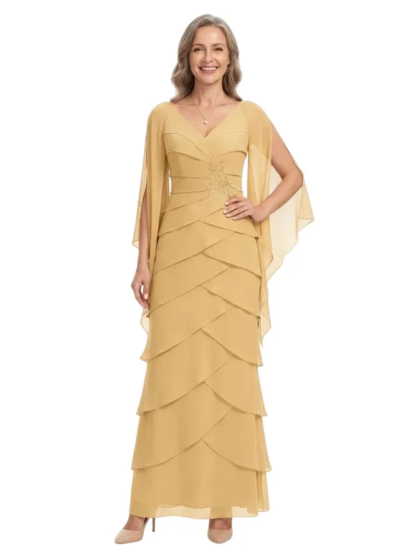 ChicSew Classy Tiered Chiffon Mother Of The Bride Dresses With V-Neck And Cape Sleeves made by ChicSew
