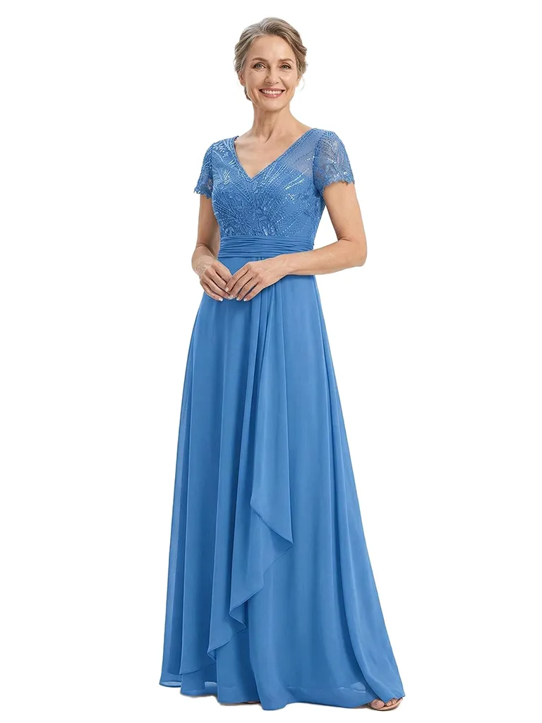 ChicSew Short Sleeves Lace Beaded Ruffle Chiffon A-Line Mother Of The Bride Dress sold by ChicSew