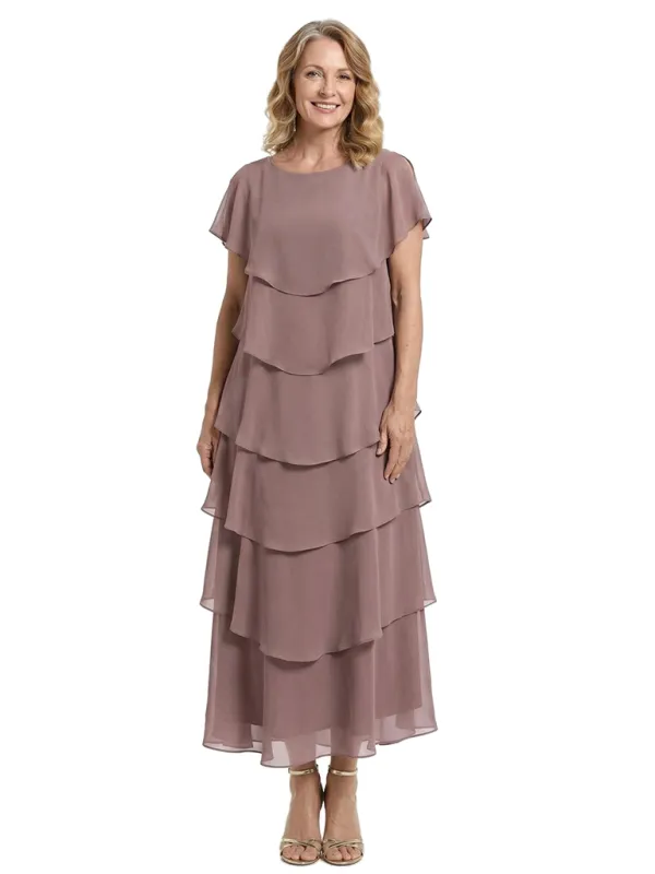 ChicSew Scoop Short Sleeve Layered Ruffle Chiffon Tea Length Casual Mother Of The Bride And Groom Dresses made by ChicSew