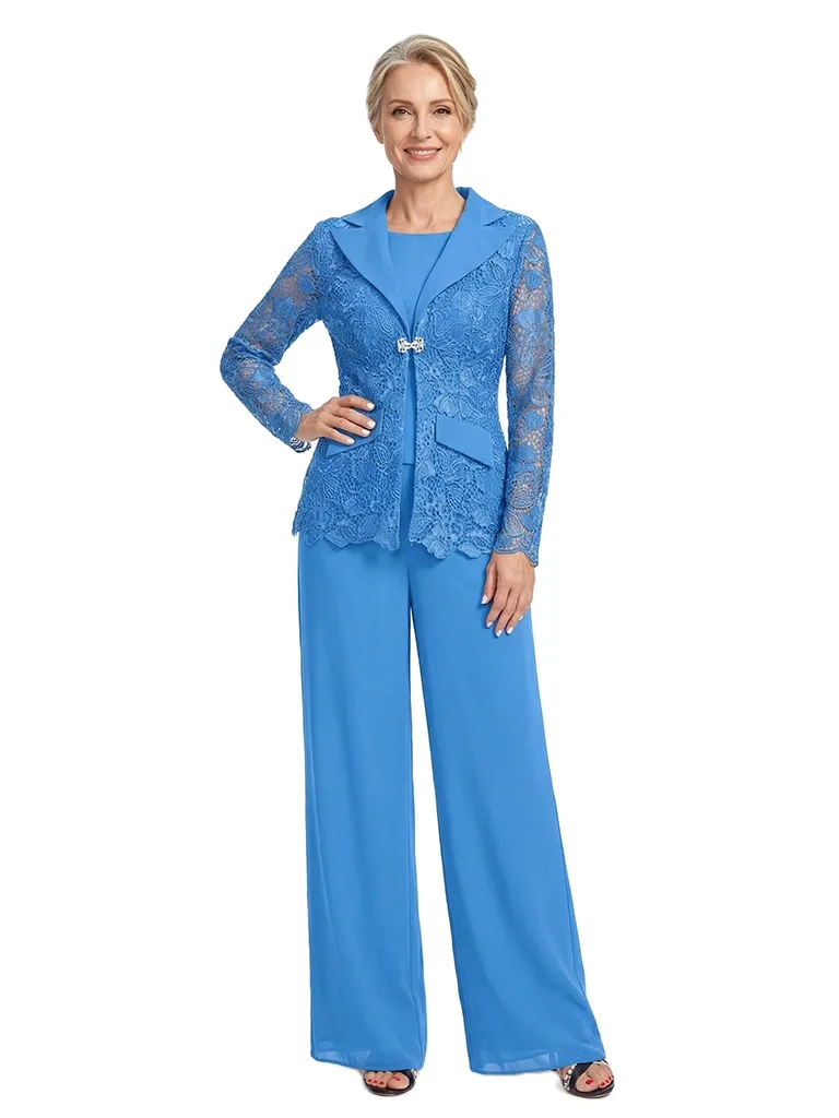 ChicSew Notched Lapel Lace Blazer Matching Wide Leg Pant Suit Formal Mother Of The Bride And Groom Outfits sold by ChicSew