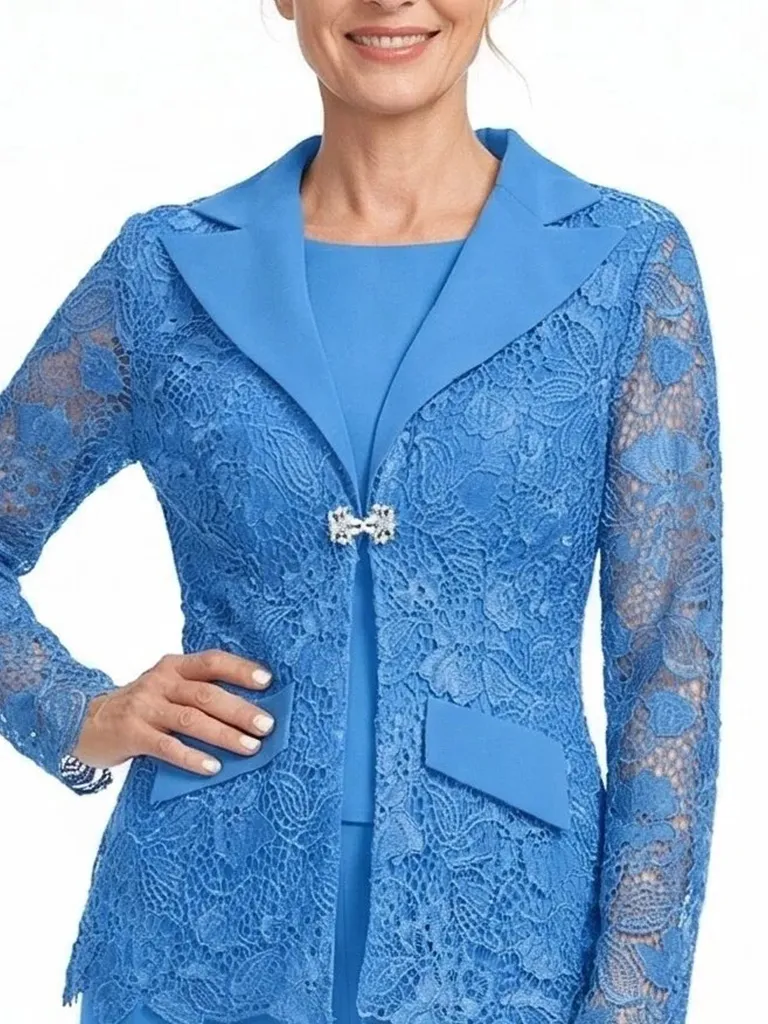 ChicSew Notched Lapel Lace Blazer Matching Wide Leg Pant Suit Formal Mother Of The Bride And Groom Outfits sold by ChicSew product image thumbnail 2