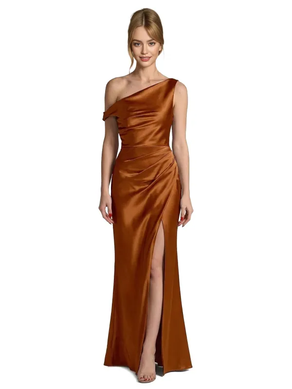 Chicsew Elegant Soft Satin Asymmetrical Formal Dress Ruched High Slit Maxi Gown for Wedding Guest made by ChicSew