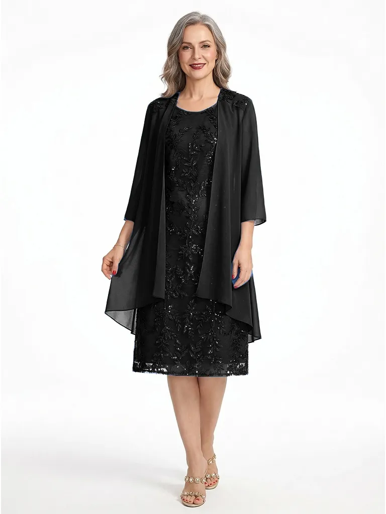 ChicSew Round Neck Long Sleeve Chiffon Jacket Lace Beaded Short Chiffon Mother Of The Bride And Groom Dresses sold by ChicSew product image thumbnail 4