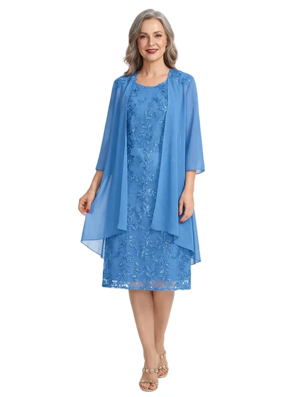 ChicSew Round Neck Long Sleeve Chiffon Jacket Lace Beaded Short Chiffon Mother Of The Bride And Groom Dresses made by ChicSew