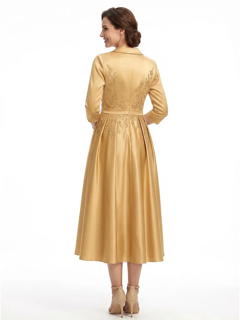 ChicSew Elegant V-Neck Silky Satin A-Line Midi Mother Of The Bride Dresses With Long Sleeves sold by ChicSew product image thumbnail 3