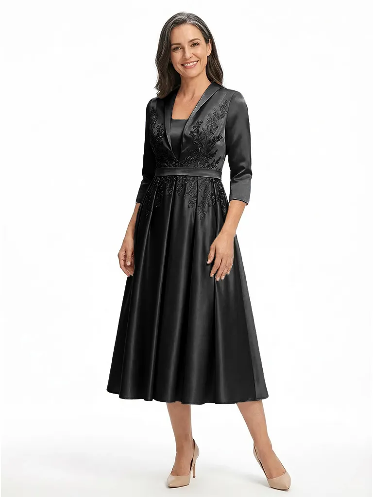 ChicSew Elegant V-Neck Silky Satin A-Line Midi Mother Of The Bride Dresses With Long Sleeves sold by ChicSew product image thumbnail 4
